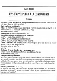 AVIS D'APPEL PUBLIC A LA CONCURRENCE: TRAVAUX CHARPENTE ET COUVERTURE SALLE POLYVALENTE