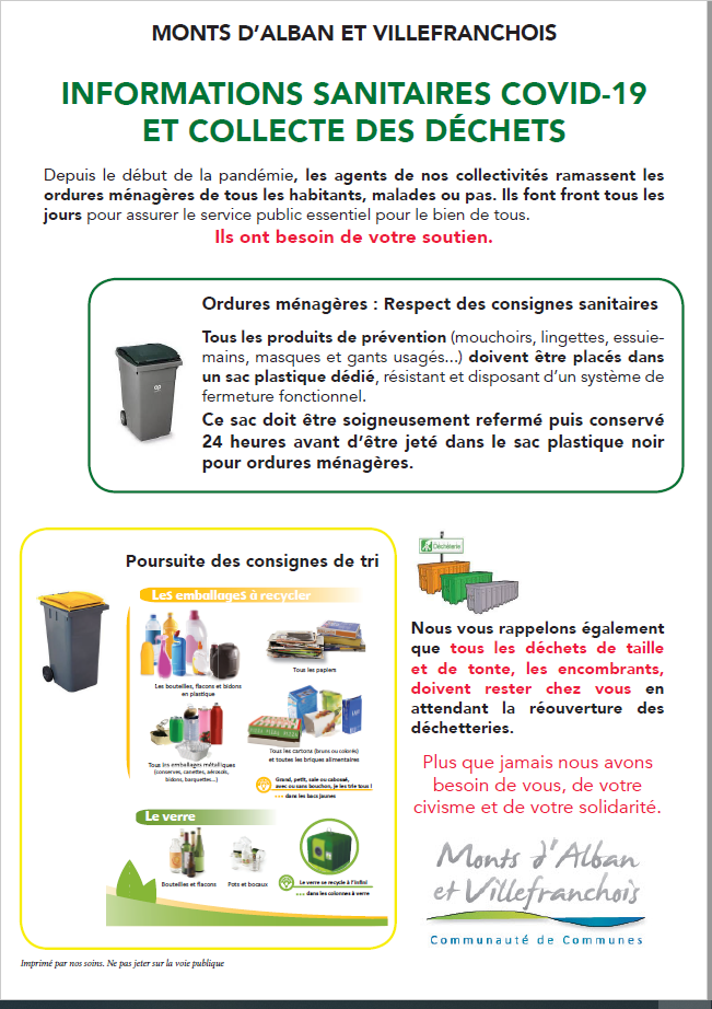 Informations sanitaires COVID-19 de la communauté des communes des Monts d'Alban et du Villefranchois et collecte des déchets